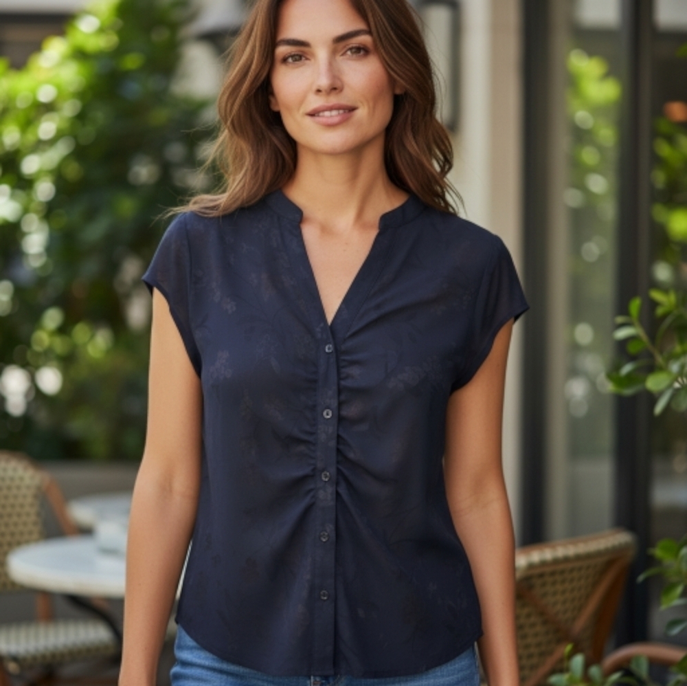 DR2 Blue Ruched Cap Sleeve Figure Flattering Curvy Top Blouse Large